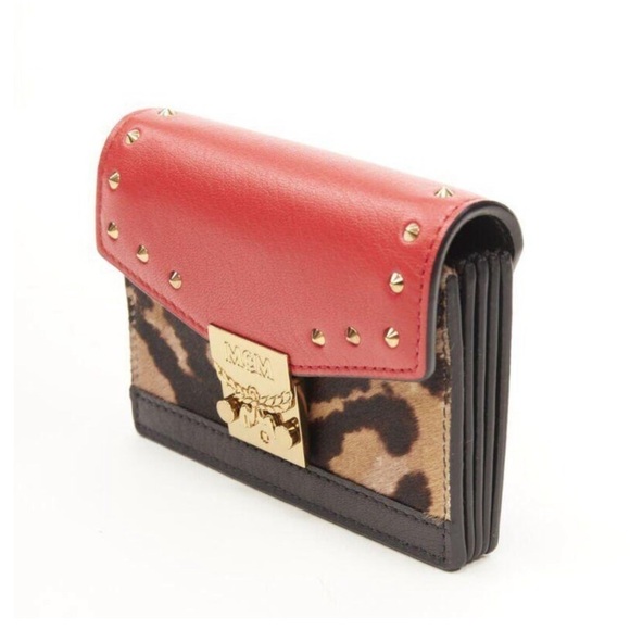 MCM red leopard gold studded flap cardholder micro crossbody chain bag - Picture 4 of 9